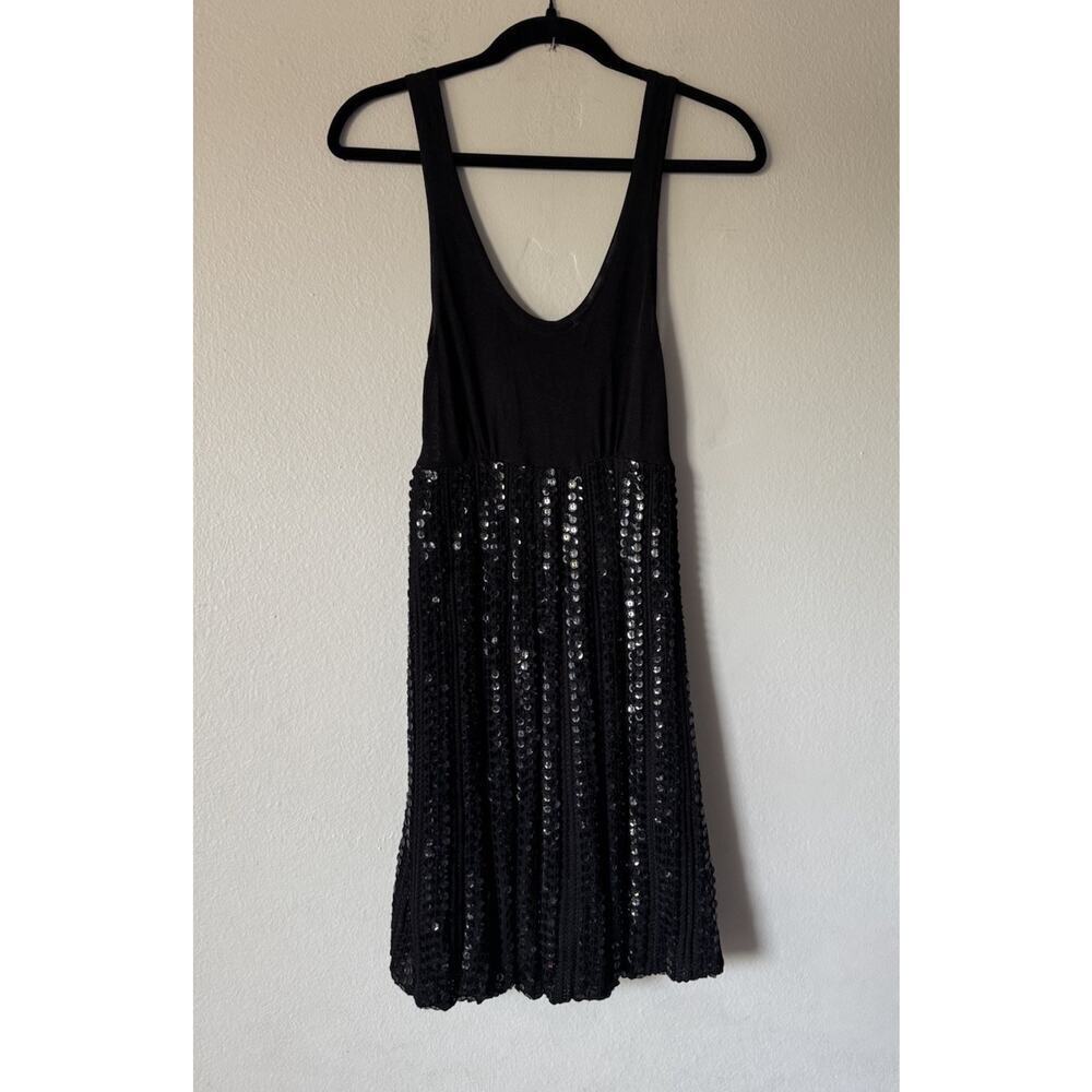 BEBE Y2K Tank Dress Women’s Size Small Black Bubble Hem Sequin Knit Crochet Mini